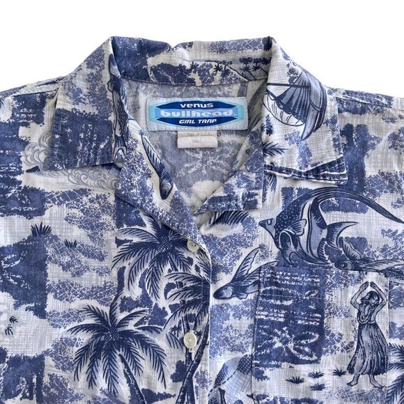 Kids Small Hawaiian Shirt Blue Cotton Aloha Tropical Palm Trees All Over‎ Print - Picture 2 of 10